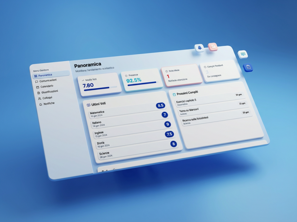 Schermata della dashboard Eduverse per monitorare la panoramica con andamento scolastico, voti e presenze.