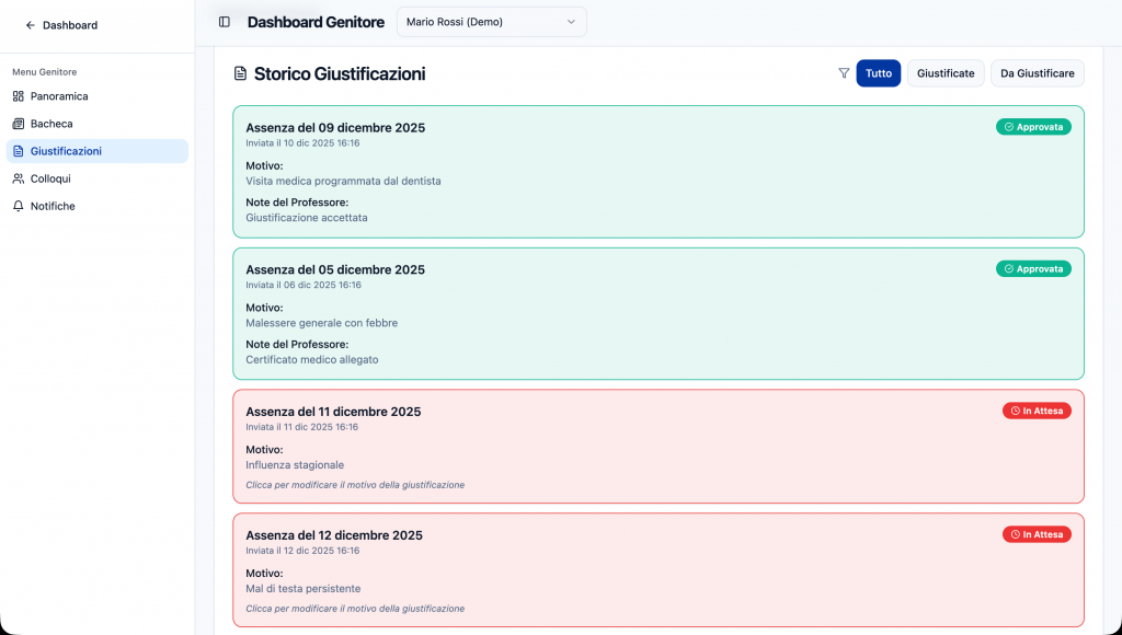 Dashboard genitore, tabella delle giustificazioni. Il genitore ha da qui la possibilità di giustificare il figlio e monitorare tutte le sue attività
